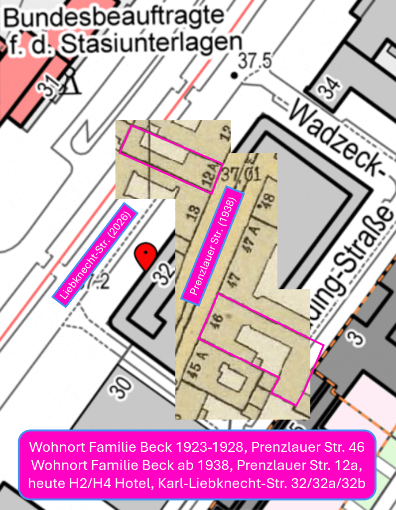 #14 - Wohn- & Geburtsort Gad Beck, Karte von 1940 auf Karte von 2026, Prenzlauer Str. 46, Wohnung Familie Beck ab 1938, Prenzlauer Str. 12a, heute Karl-Liebknecht-Str. 32/32a-b, Berlin-Mitte, Quelle Berlin HistoMap 1940 & 2026